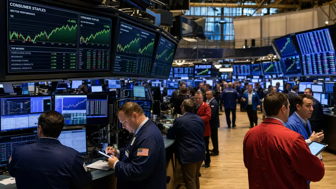 NYSE-Handelsparkett mit Händlern und Monitoren für Konsumgüter-Sektordaten