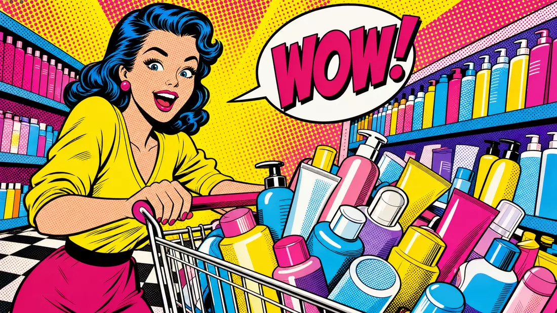 Pop-Art-Comic einer fröhlichen Käuferin mit vollem Einkaufswagen im Drogeriemarkt