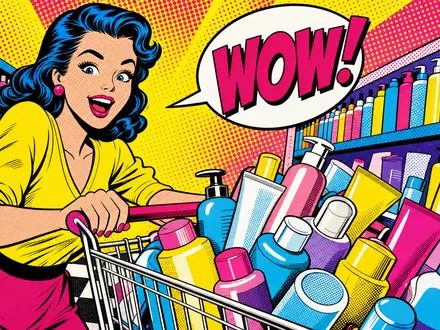 Colgate-Palmolive Konsumgüter US1941621039 als Pop-Art-Comic mit begeisterter Käuferin und vollem Einkaufswagen im Drogeriemarkt - Foto: THN