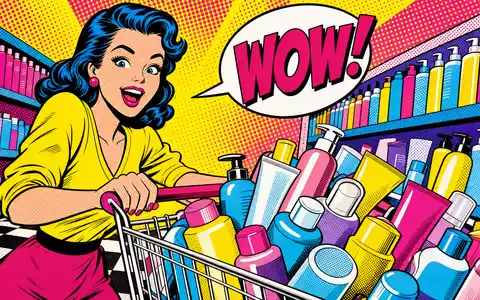 Colgate-Palmolive Konsumgüter US1941621039 als Pop-Art-Comic mit begeisterter Käuferin und vollem Einkaufswagen im Drogeriemarkt - Foto: THN