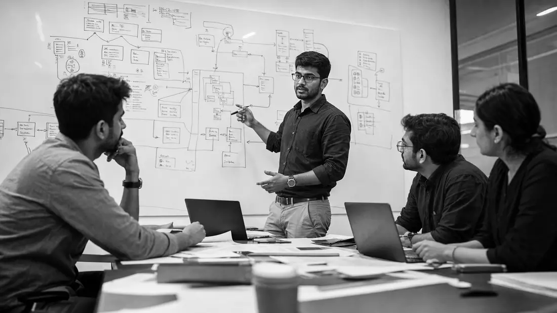 Dokumentarische Schwarzweiß-Aufnahme einer IT-Beratungssitzung bei Cognizant Technology