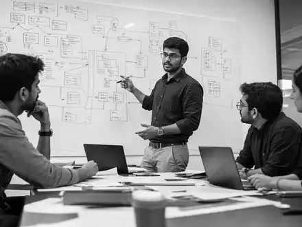 Dokumentarische Schwarzweiß-Aufnahme zeigt Cognizant Technology Berater US1924461023 bei einer Systemarchitektur-Besprechung im Konferenzraum - Foto: THN