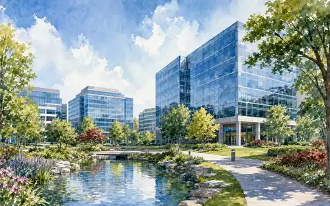 Aquarell-Illustration des Cognizant Technology Hauptsitzes US1924461023 in Teaneck mit Teich und Gartenanlagen - Foto: THN