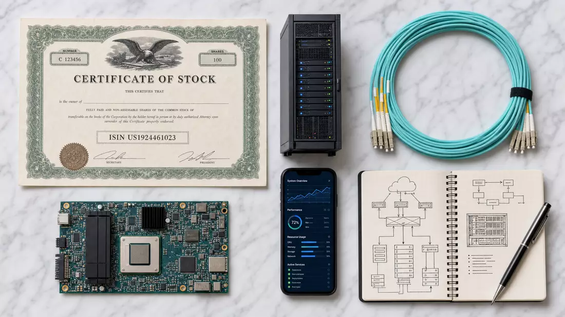 Flatlay mit Aktienzertifikat ISIN US1924461023 und IT-Infrastruktur-Objekten