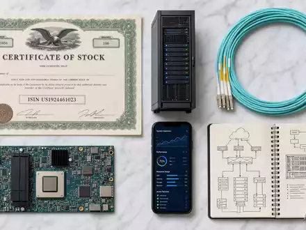 Flatlay mit Aktienzertifikat ISIN US1924461023 und IT-Utensilien repräsentiert Cognizant Technology im Branchenkontext - Foto: THN