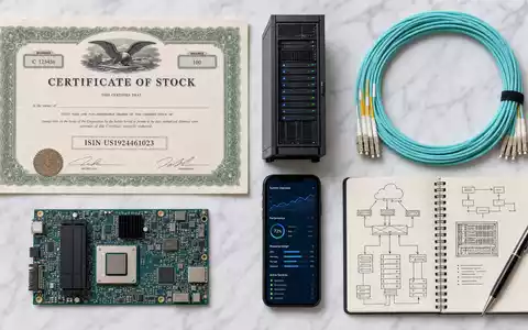Flatlay mit Aktienzertifikat ISIN US1924461023 und IT-Utensilien repräsentiert Cognizant Technology im Branchenkontext - Foto: THN