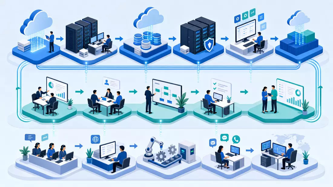 Isometrisches 3D-Prozessdiagramm der IT-Wertschöpfungskette von Cognizant Technology