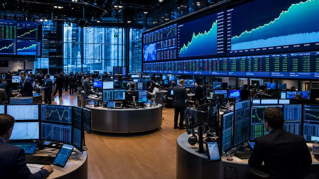 NASDAQ-Handelssaal mit IT-Sektor-Charts als Editorial-Foto für Cognizant Technology