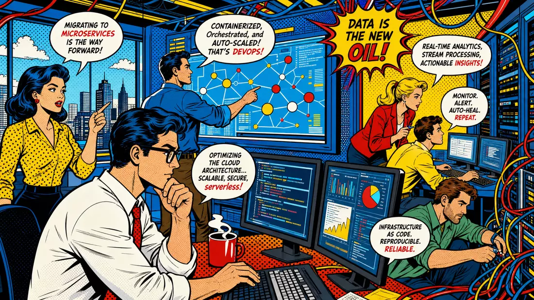 Pop-Art-Comic mit IT-Ingenieuren im futuristischen Büro als stilisierte Branchenszene