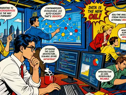 Pop-Art-Comic mit IT-Ingenieuren im futuristischen Technikbüro illustriert die Cognizant Technology Branche US1924461023 - Foto: THN