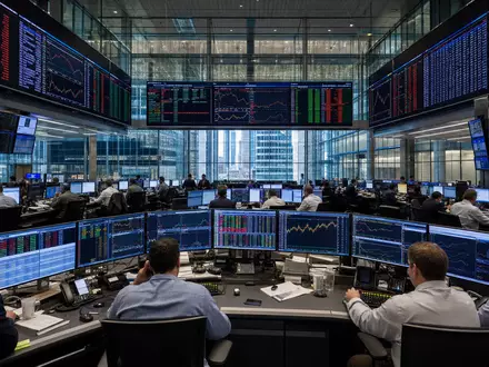 CME Group Inc. Handelsparkett mit Futures-Bildschirmen, ISIN US12572Q1058 repräsentiert den globalen Derivatemarkt - Foto: THN