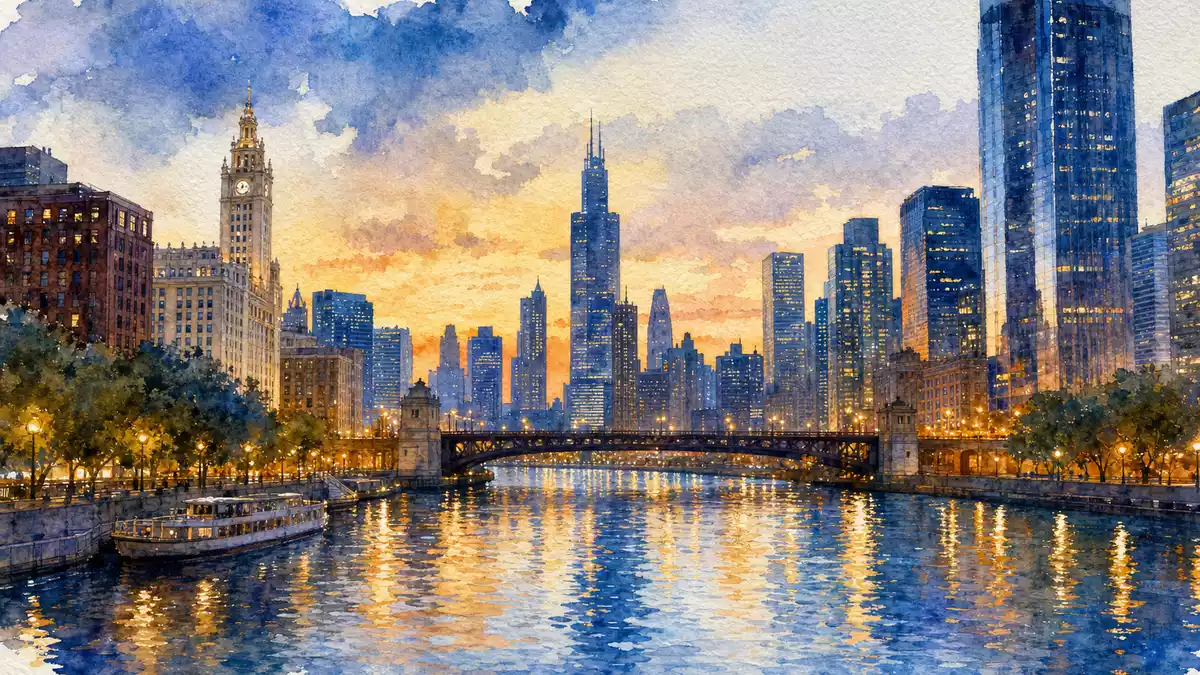 Aquarell-Illustration der Chicagoer Skyline am Abend mit Flussreflexionen