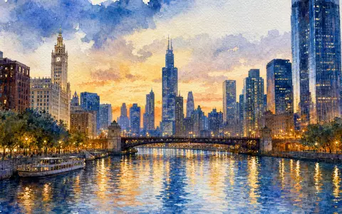 CME Group Inc. Chicago Skyline als Aquarell am Abend, ISIN US12572Q1058 steht für globalen Derivatehandel - Foto: THN