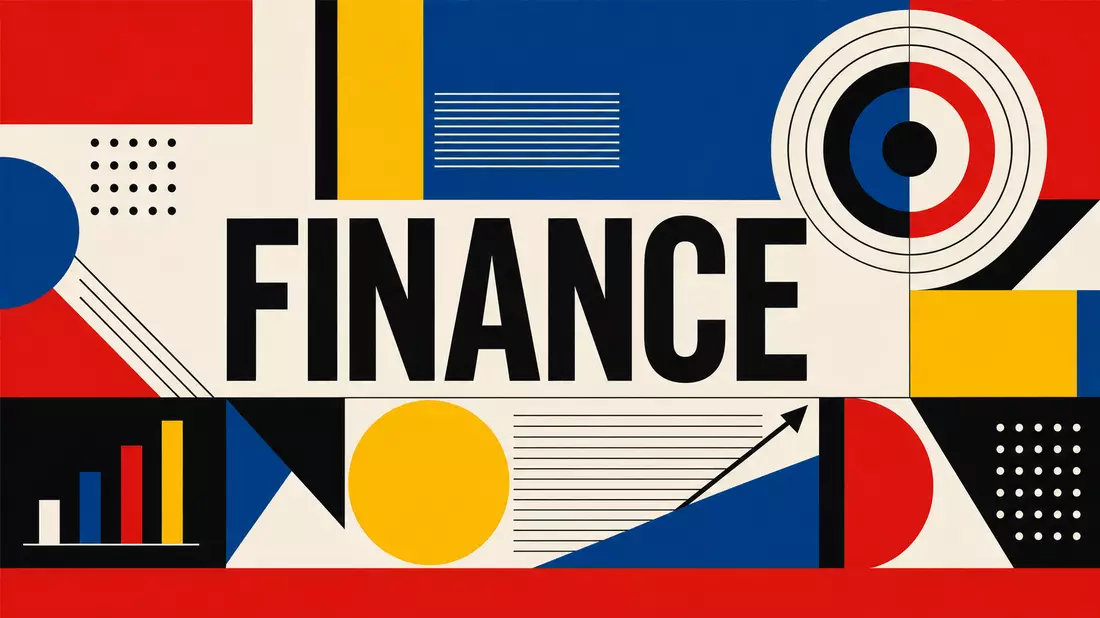 Bauhaus-inspiriertes geometrisches Poster mit FINANCE-Schriftzug und primären Farben