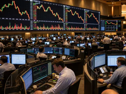 CME Group Inc. Börsen-Editorial mit Händlern und riesigen Chart-Displays, ISIN US12572Q1058 im aktiven Handelsgeschehen - Foto: THN
