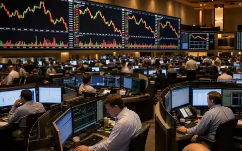 CME Group Inc. Börsen-Editorial mit Händlern und riesigen Chart-Displays, ISIN US12572Q1058 im aktiven Handelsgeschehen - Foto: THN