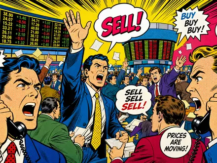 CME Group Inc. Pop-Art-Comic mit Börsenhändlern in bunten Farben, ISIN US12572Q1058 als Comic-Szene dargestellt - Foto: THN