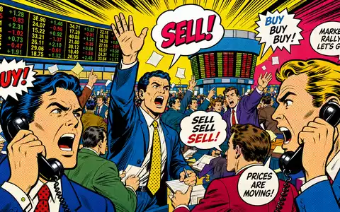 CME Group Inc. Pop-Art-Comic mit Börsenhändlern in bunten Farben, ISIN US12572Q1058 als Comic-Szene dargestellt - Foto: THN