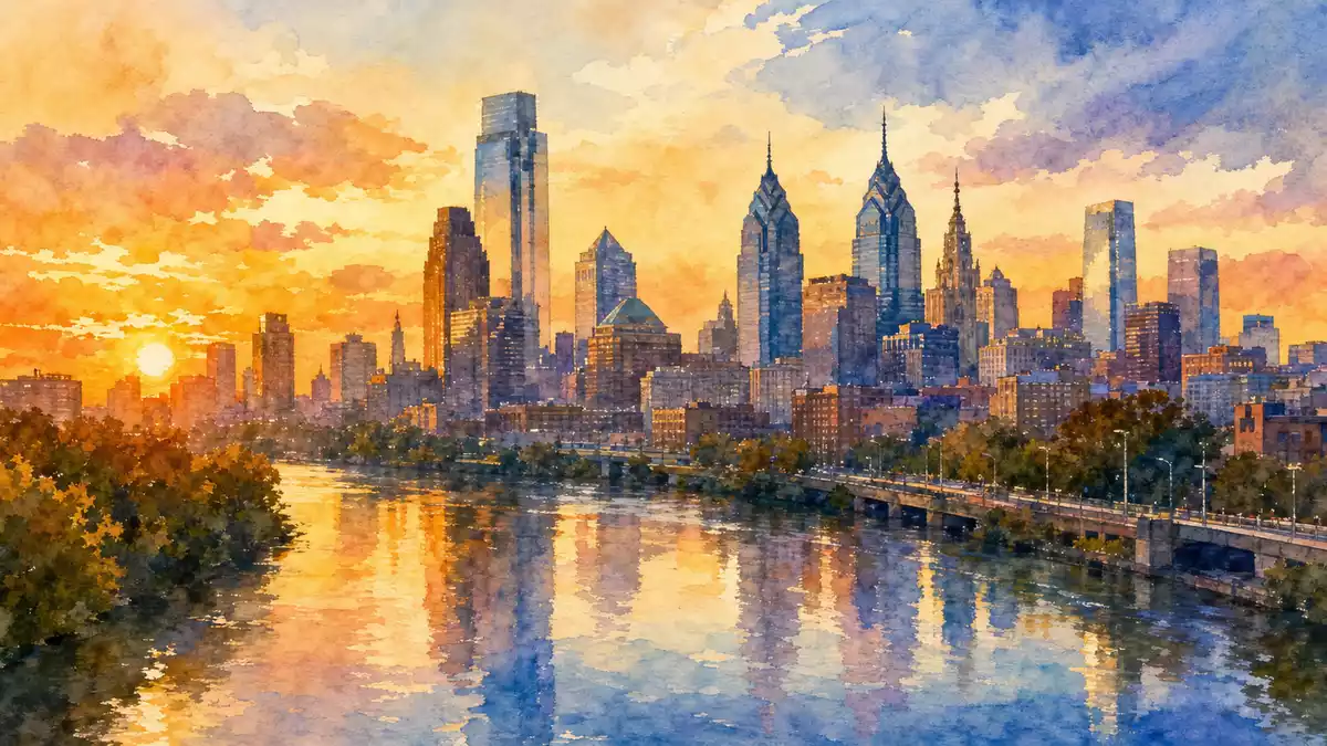 Aquarell der Philadelphia-Skyline mit Flussreflexionen bei goldenem Abendlicht