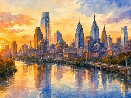 Comcast Corp. Philadelphia Skyline als Aquarell bei goldenem Sonnenuntergang, Firmenstandort ISIN US20030N1019 Illustration - Foto: THN