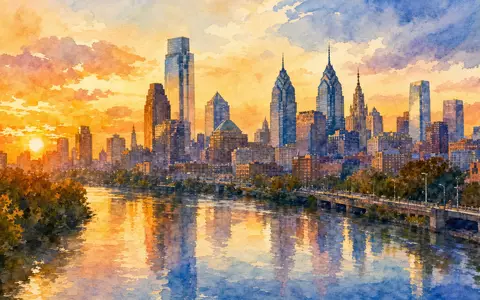 Comcast Corp. Philadelphia Skyline als Aquarell bei goldenem Sonnenuntergang, Firmenstandort ISIN US20030N1019 Illustration - Foto: THN