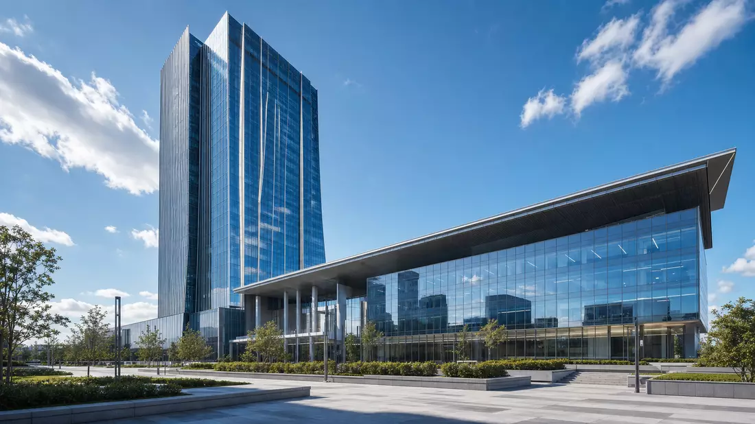 CGI-Render eines modernen Glas-Stahl-Wolkenkratzers mit Piazza unter blauem Himmel