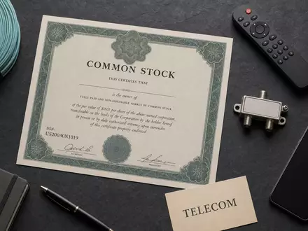 Comcast Corp. Aktien Flatlay mit ISIN US20030N1019 Zertifikat, Glasfaserkabel und Telecom Utensilien auf Schiefer - Foto: THN