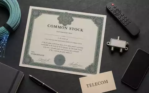 Comcast Corp. Aktien Flatlay mit ISIN US20030N1019 Zertifikat, Glasfaserkabel und Telecom Utensilien auf Schiefer - Foto: THN