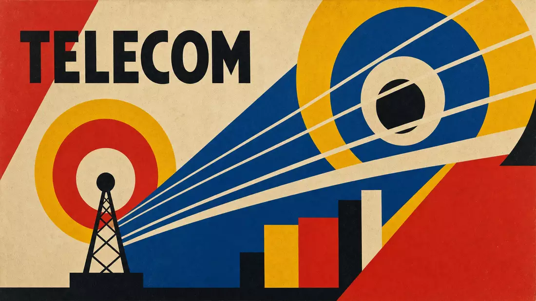 Bauhaus-Grafikposter mit geometrischen Formen, Sendeturm und TELECOM-Schriftzug in Primärfarben