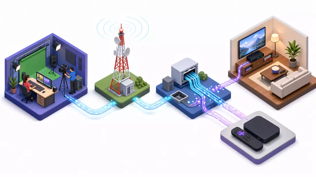 Isometrische 3D-Illustration der Telekommunikations-Wertschöpfungskette von Studio bis Wohnzimmer