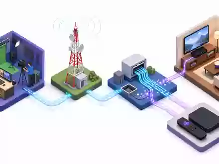 Comcast Corp. isometrisches 3D Diagramm der Telekommunikation Wertschoepfungskette mit Datenpfaden ISIN US20030N1019 - Foto: THN