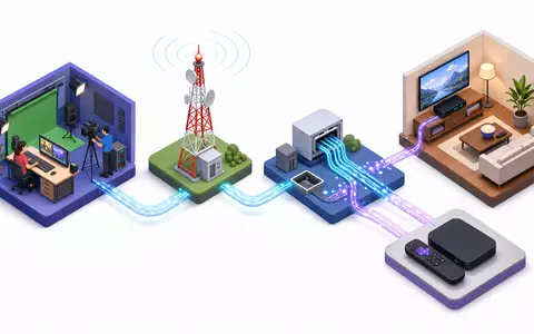 Comcast Corp. isometrisches 3D Diagramm der Telekommunikation Wertschoepfungskette mit Datenpfaden ISIN US20030N1019 - Foto: THN