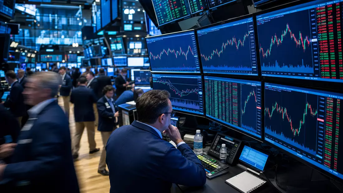 Börsen-Reportagefoto eines Traders vor Monitoren mit Telecom-Sektor-Kurscharts an der Börse
