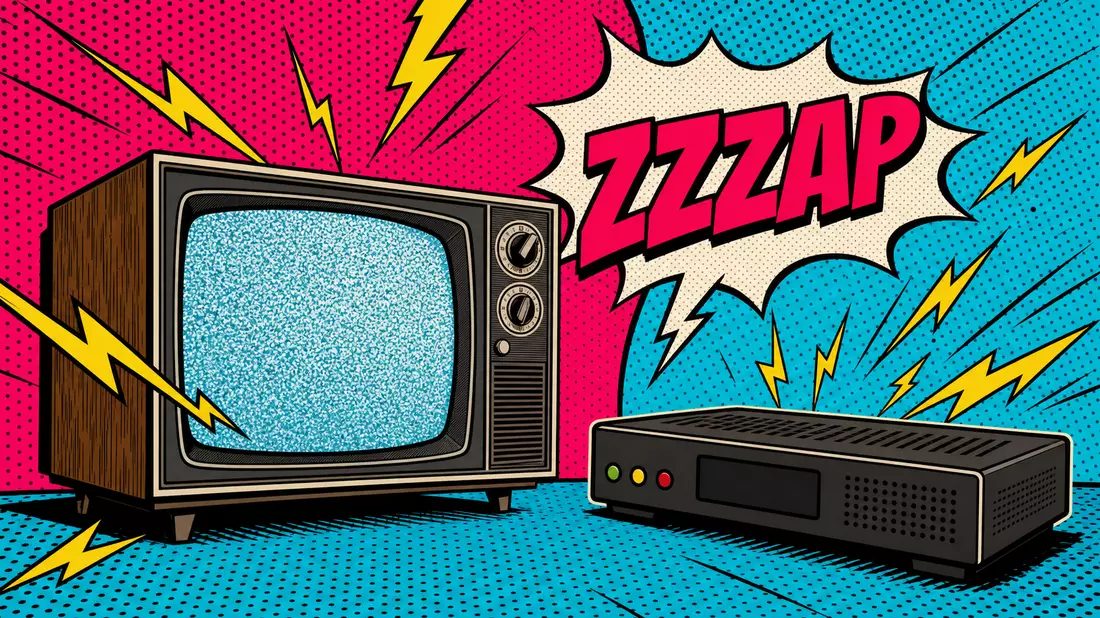Pop-Art-Comic eines Retro-Fernsehers und Kabelboxes mit Halbtönen und ZZZAP-Sprechblase