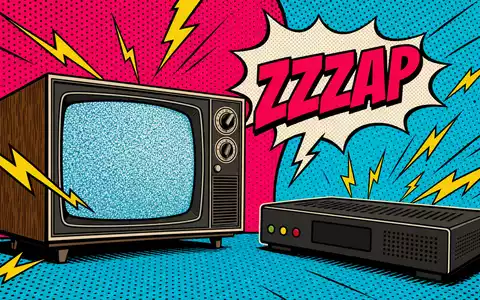 Comcast Corp. Pop Art Comic mit Retro Fernseher und Signalblitzen im Halbtondruck, stilisiert US20030N1019 - Foto: THN