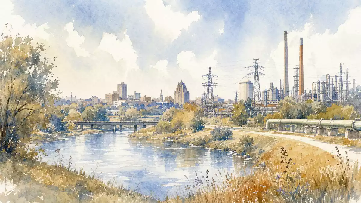 Aquarell der Skyline von Jackson Michigan mit Energieinfrastruktur entlang des Flusses