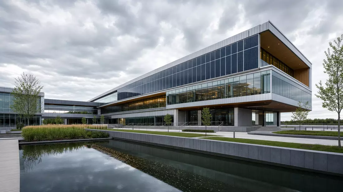 Architekturvisualisierung eines modernen Versorgungsunternehmens-Hauptsitzes mit Glasfassade und Wasserbecken