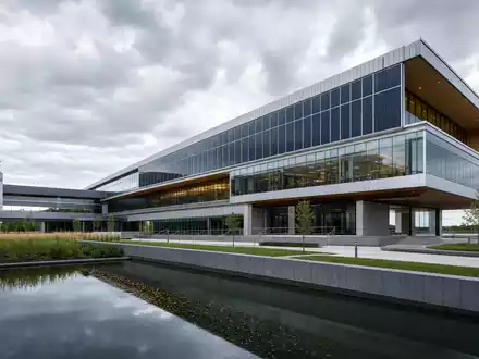 CMS Energy modernes Unternehmensgebäude Architektur Render mit Glasfassade und Teich ISIN US12589P1012 Versorger - Foto: THN