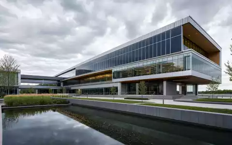 CMS Energy modernes Unternehmensgebäude Architektur Render mit Glasfassade und Teich ISIN US12589P1012 Versorger - Foto: THN