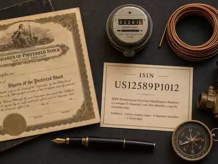 CMS Energy Flatlay mit Aktienzertifikat und ISIN Karte US12589P1012 Stromzähler Gasventil und Kompass - Foto: THN