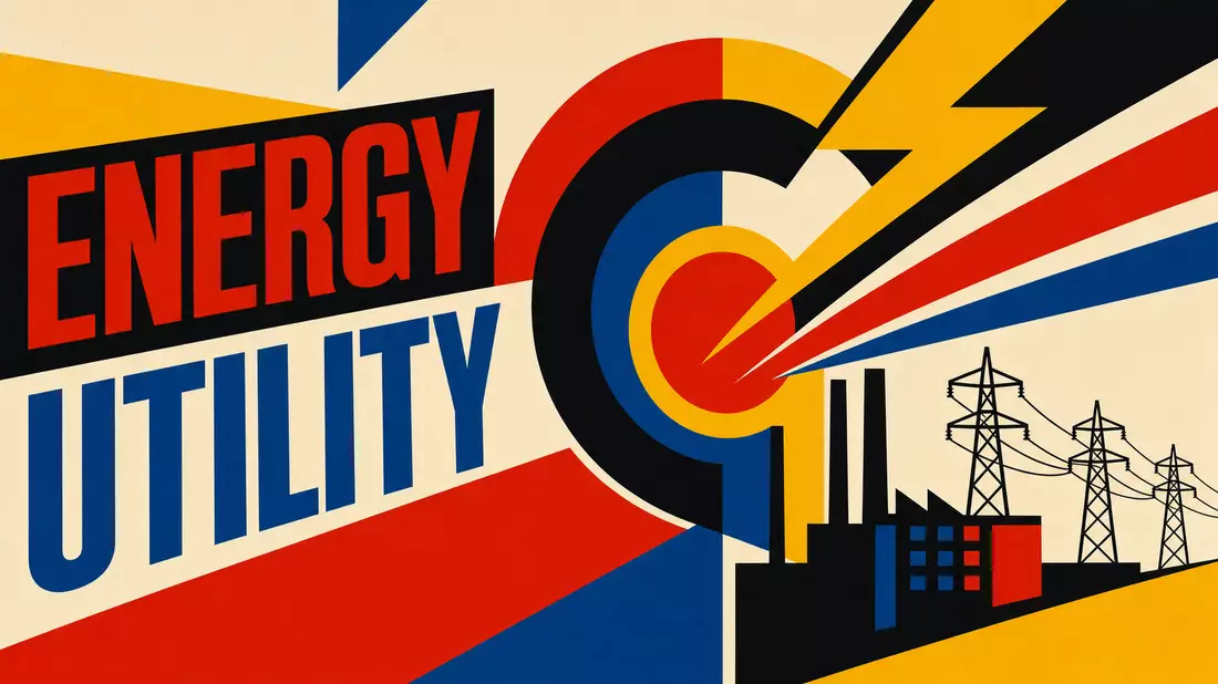 Bauhaus-Grafikposter mit geometrischen Formen in Rot Blau Gelb und den Worten ENERGY UTILITY