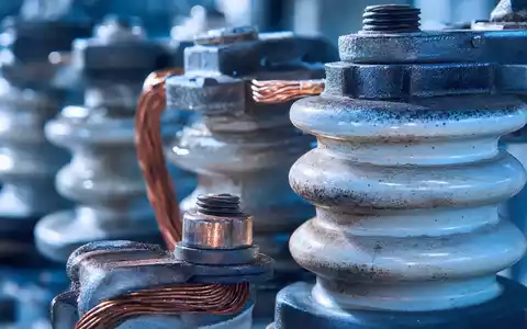 CMS Energy zeigt keramische Hochspannungsisolatoren mit Kupferkabeln und Metallverbindern Nahaufnahme ISIN US12589P1012 - Foto: THN