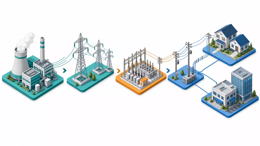 Isometrische 3D-Illustration der Energieversorgungskette von Kraftwerk über Umspannwerk zu Gebäuden