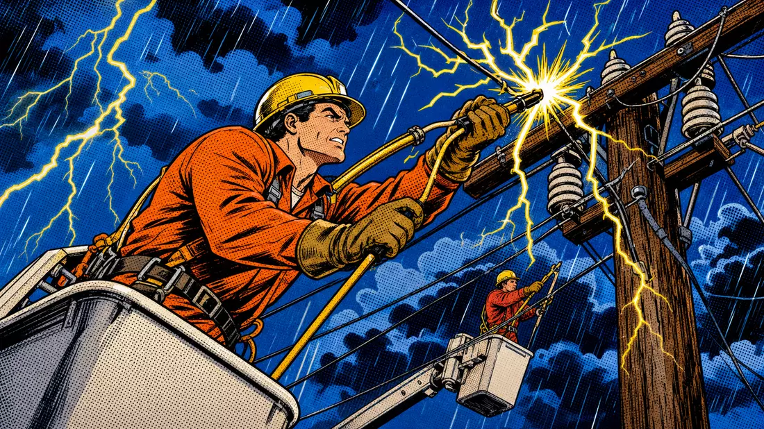 Pop-Art-Comicillustration von Versorgungstechnikern die im Gewittersturm Stromleitungen reparieren