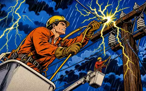CMS Energy Pop Art Comic zeigt Versorgungstechniker im Gewitter bei der Arbeit ISIN US12589P1012 - Foto: THN