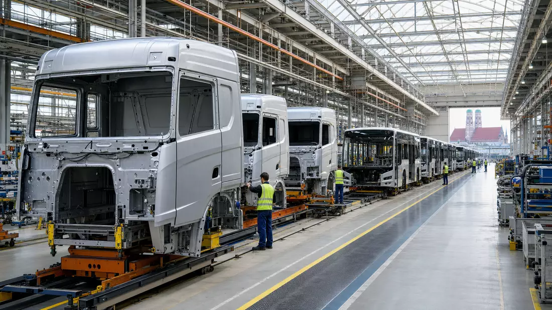Fabrikhalle mit unbeschrifteten Lkw-Kabinen und Bussen auf Fließband, Arbeiter in Warnwesten
