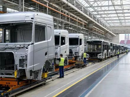 Traton SE DE000TRAT0N7 zeigt moderne Nutzfahrzeugfertigung mit unbeschrifteten Lkw-Kabinen in großer heller Werkshalle - Foto: THN