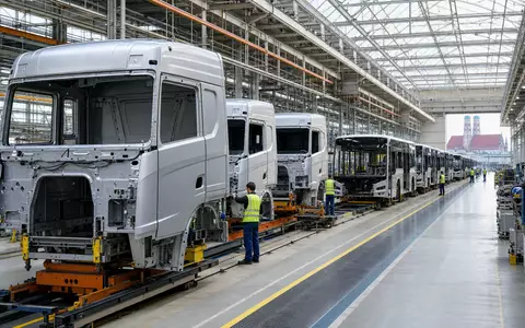 Traton SE DE000TRAT0N7 zeigt moderne Nutzfahrzeugfertigung mit unbeschrifteten Lkw-Kabinen in großer heller Werkshalle - Foto: THN
