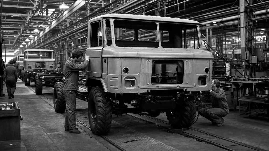 Schwarzweißfoto einer Lkw-Montage mit Arbeitern in industrieller Fertigungshalle