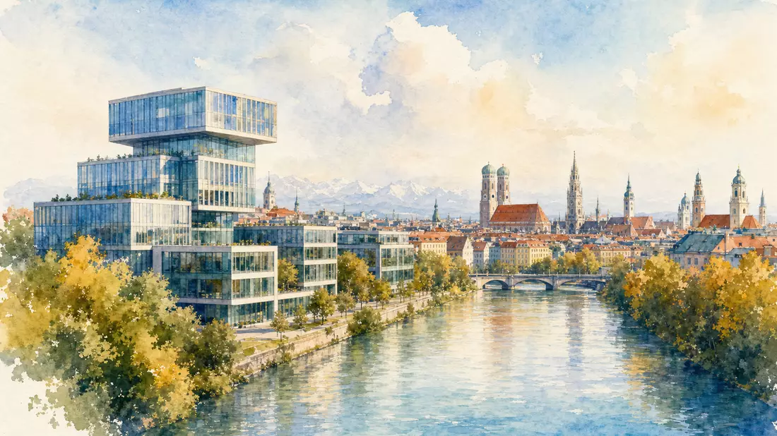 Aquarellmalerei der Münchner Skyline mit Bürogebäude und Fluss im Vordergrund